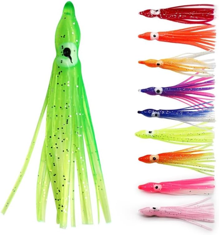 Luminous Squid Skirt Fishing Lures, 25 Pack, Multi-Color Soft PVC Octopus Bait, 5cm, Glow in Dark, Saltwater Trolling Lures for Bass Tuna Salmon