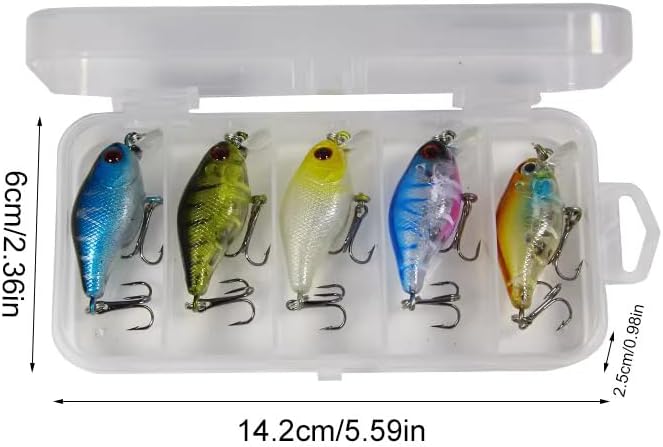 Crankbait Fishing Lures Set – 5pcs Hard ABS Plastic Floating Water Surface Baits with Sharp Hooks – 1.77in - Topwater Artificial Fishing Lure Kit with Storage Box