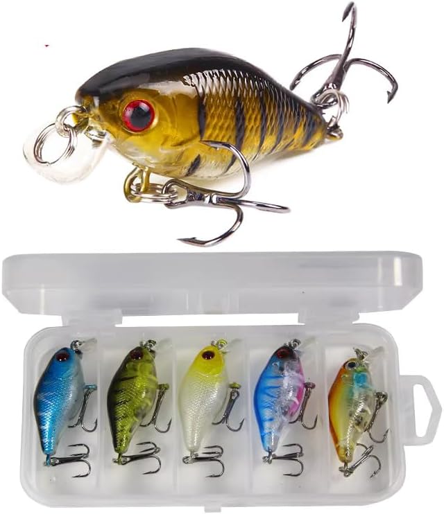 Crankbait Fishing Lures Set – 5pcs Hard ABS Plastic Floating Water Surface Baits with Sharp Hooks – 1.77in - Topwater Artificial Fishing Lure Kit with Storage Box