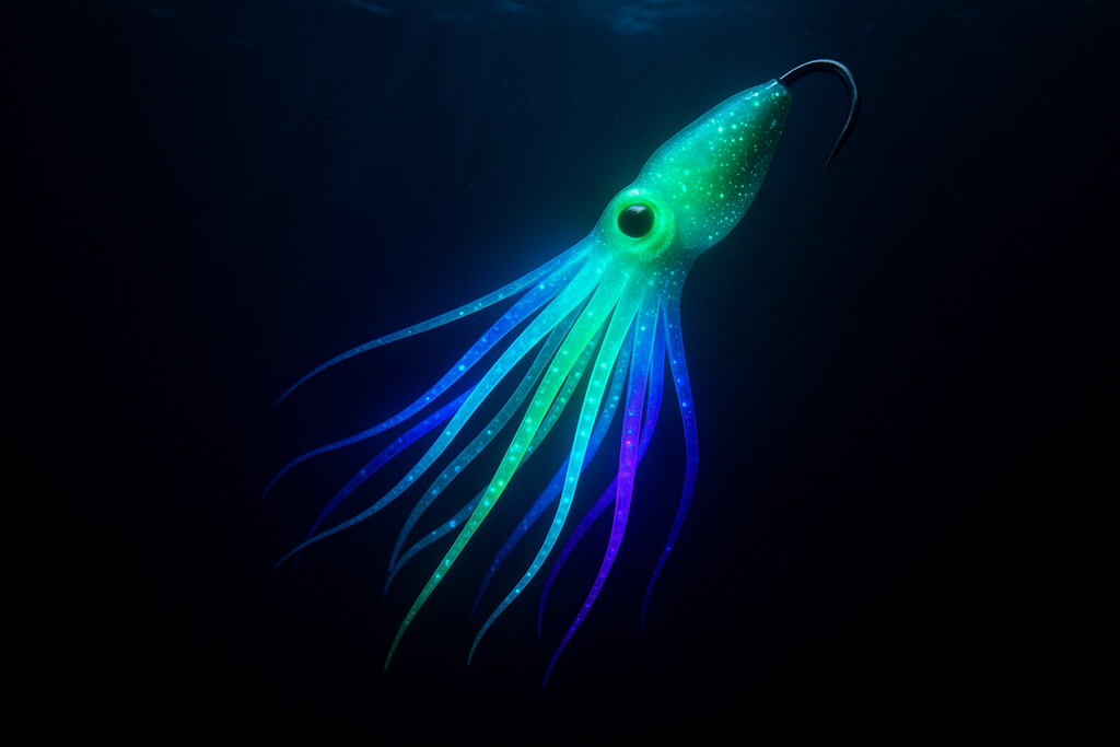 Luminous Squid Skirt Fishing Lure in the sea at dark